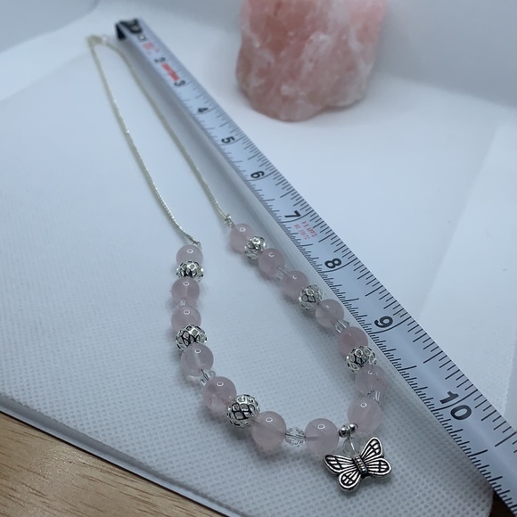 Handmade Rose Quartz Semiprecious Stone Silver Plated Necklace Butterfly Charm - Picture 4 of 4